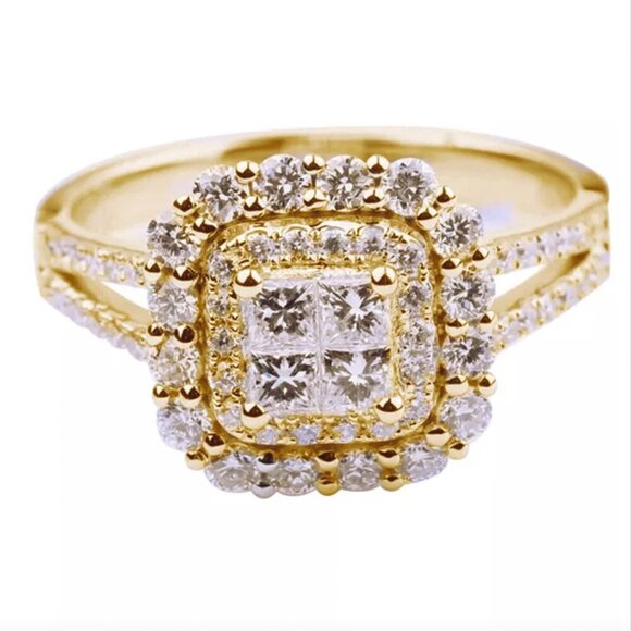 NEW 18k Yellow Gold Diamond Ring Cushion Cut Halo Ring - Picture 7 of 7